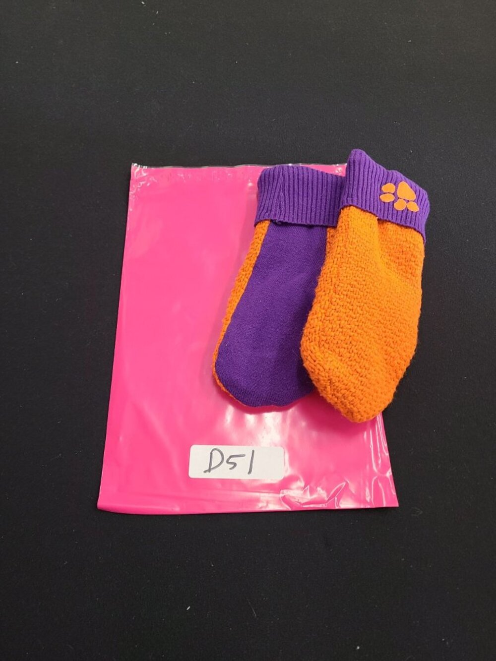 Knitted Orange & Purple Mittens With Fleece Lining And Paw Print Design Warm Win